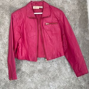 Vtg Avon Fashions 80s Pink Leather Cropped Zip Up Moto Jacket.